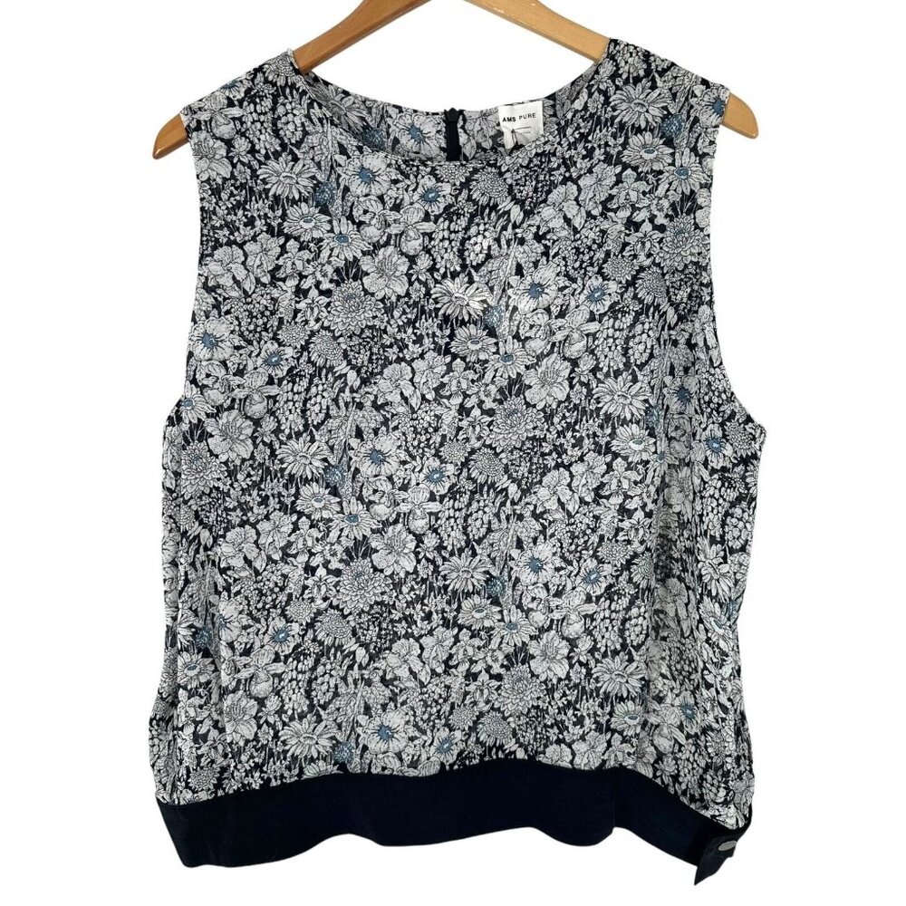 NWT AMS PURE Collection Navy Blue and White Floral Chiffon Top Size 14